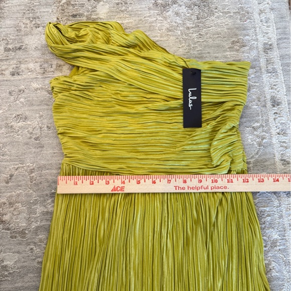 Lulu's Poised Performance Chartreuse Plisse One-Shoulder Maxi Dress - Picture 8 of 9